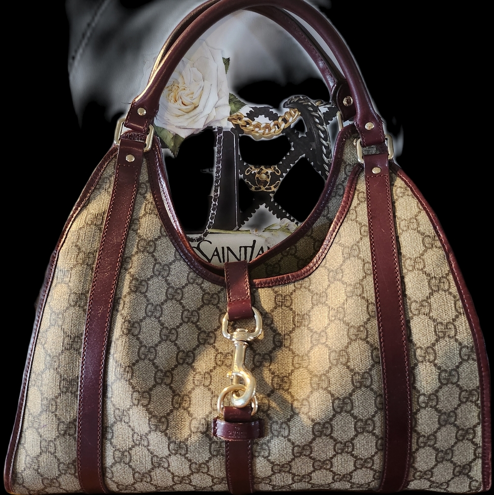 AUTHENTIC Used GUCCI Gucci Jackie GG Plus Supreme Shoulder Bag PVC Leather Khaki